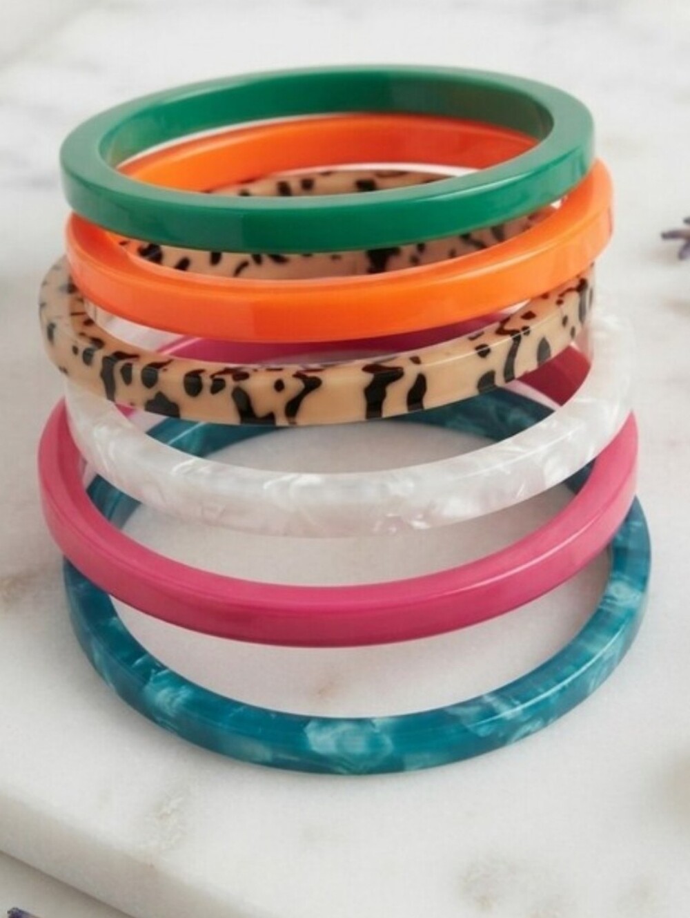 Plunder Teal, Pink, Green & Orange Bangle Stack with Leopard-Print Accents